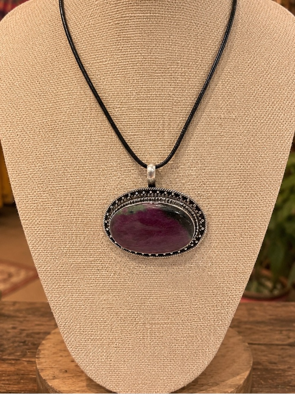 Navajo Sterling Set Natural Ruby in Zoisite Horizontal Cabochon Stone Pendant.